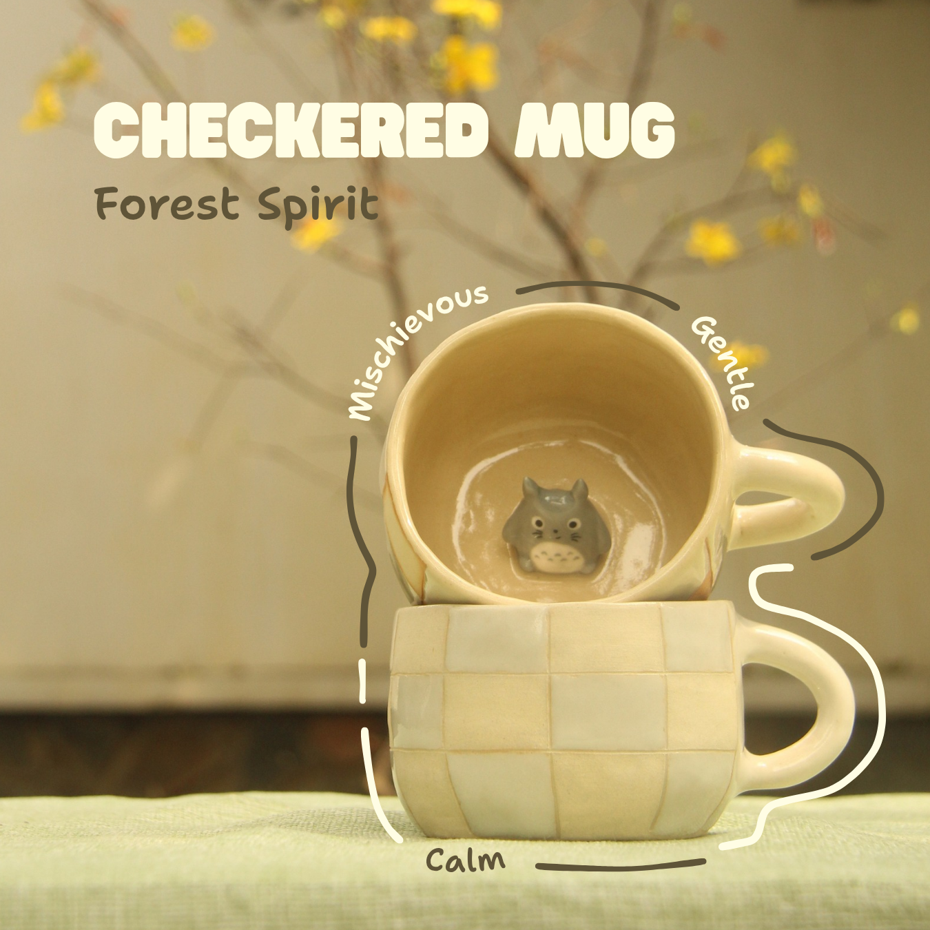 [Pre-order] Forest Spirit Handmade Ceramic Checkered Mug, Handbuilt Pottery, Cute Gift For Anime Fan, Unique Birthday Gift, Adorable Valentine Gift | Totto Pottery