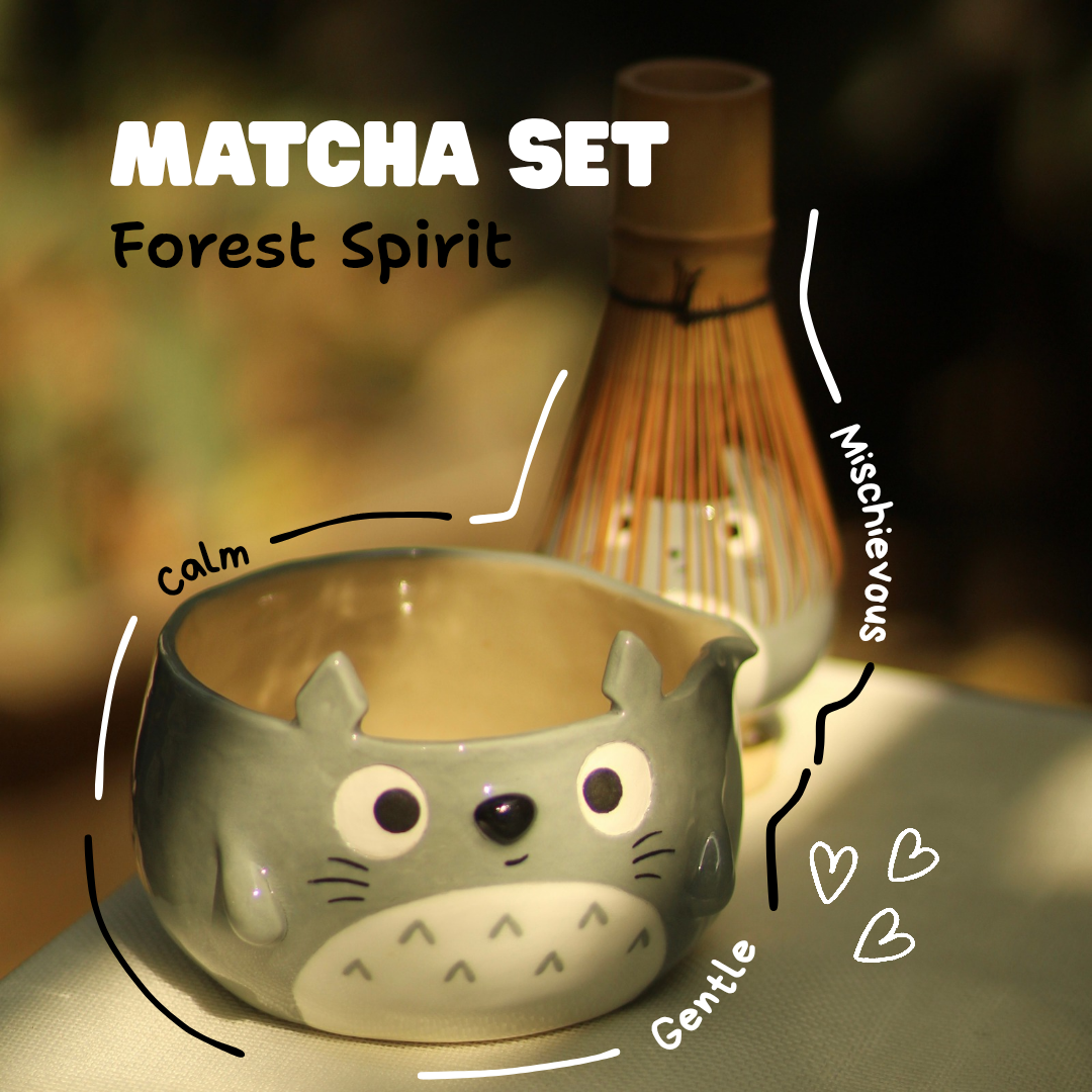[Pre-order] Set Forest Spirit Handmade Ceramic Matcha Bowl, Handbuilt Pottery, Cute Gift For Anime Fan, Unique Birthday Gift, Adorable Valentine Gift | Totto Pottery