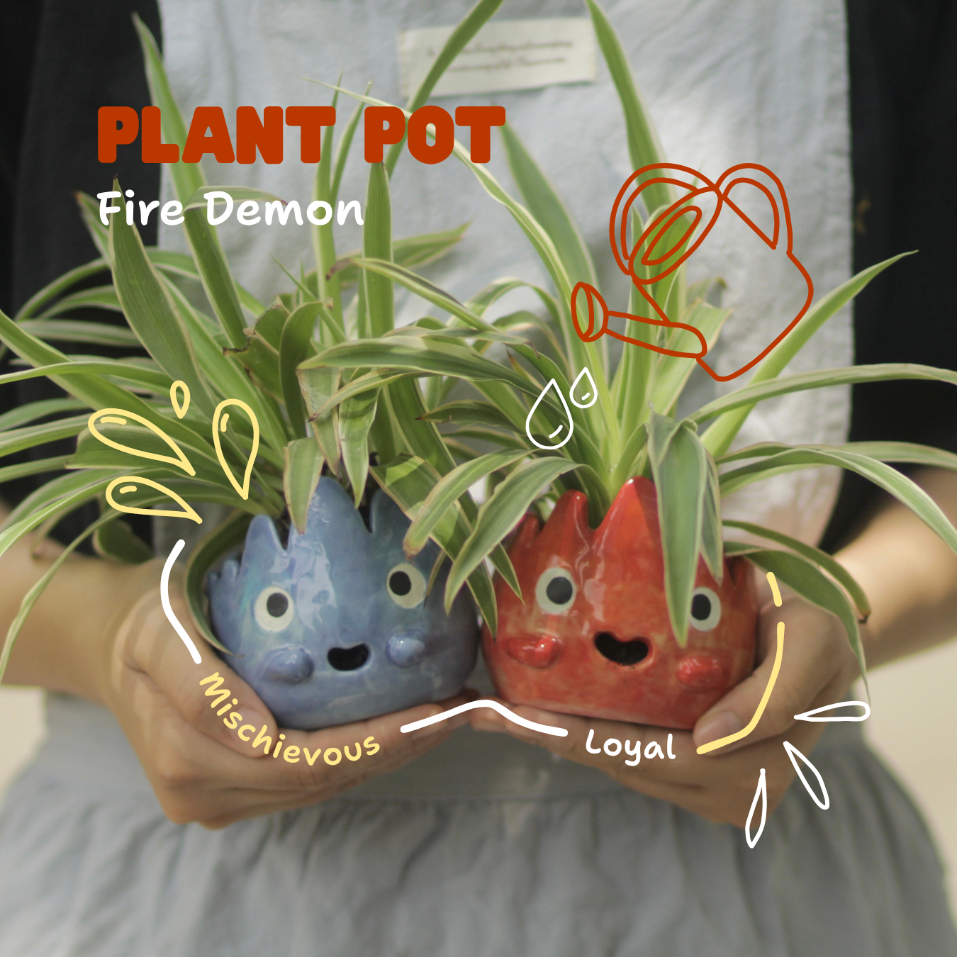 [Pre-order] Fire Demon Handmade Ceramic Plant Pots, Handbuilt Pottery, Cute Gift For Anime Fan, Unique Birthday Gift, Adorable Valentine Gift | Totto Pottery