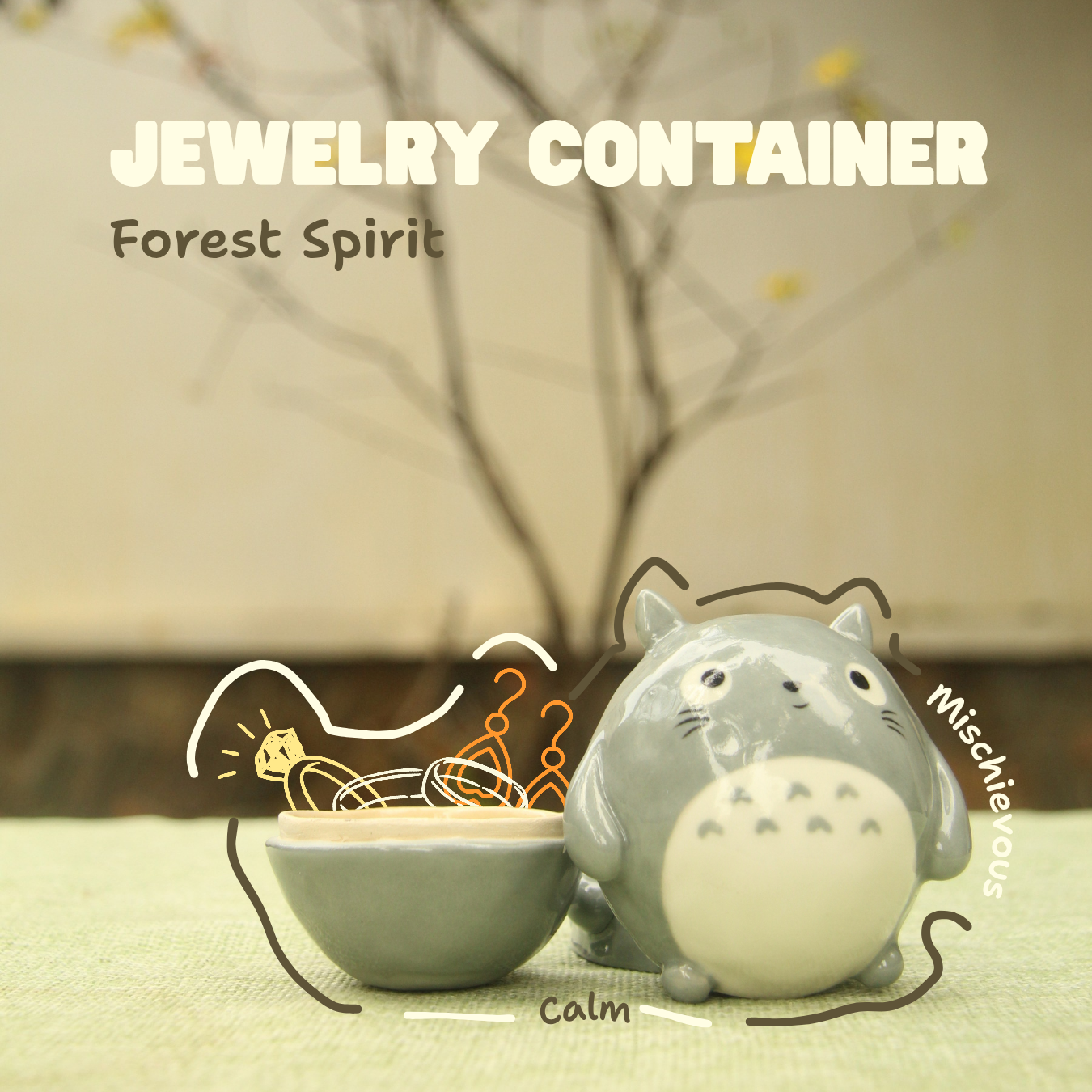 [Pre-order] Forest Spirit Handmade Ceramic Jewelry Container With Lid, Handbuilt Pottery, Cute Gift For Anime Fan, Unique Birthday Gift, Adorable Valentine Gift | Totto Pottery